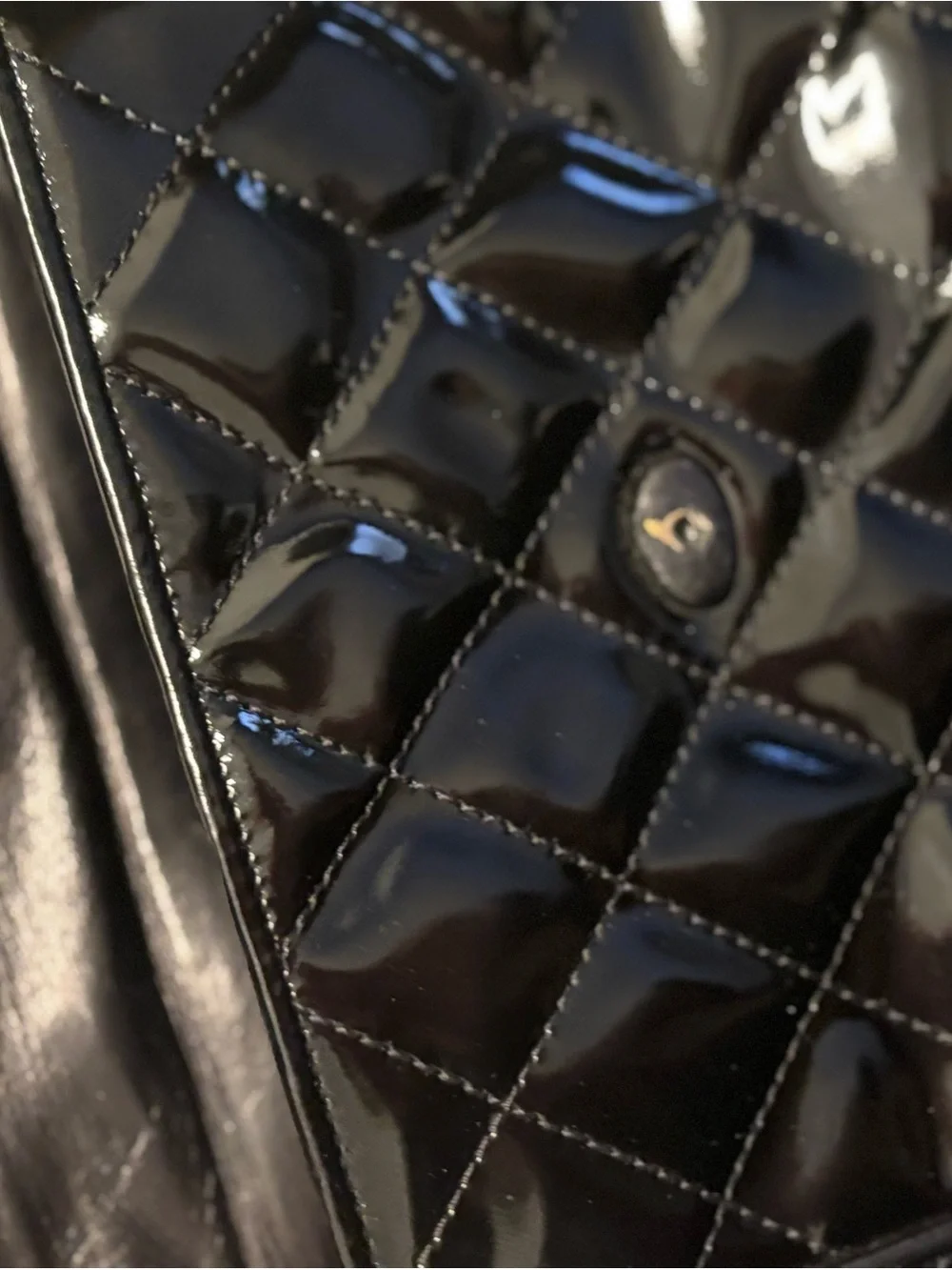 CHANEL Black Patent Quilted Crossbody with Gold Chain